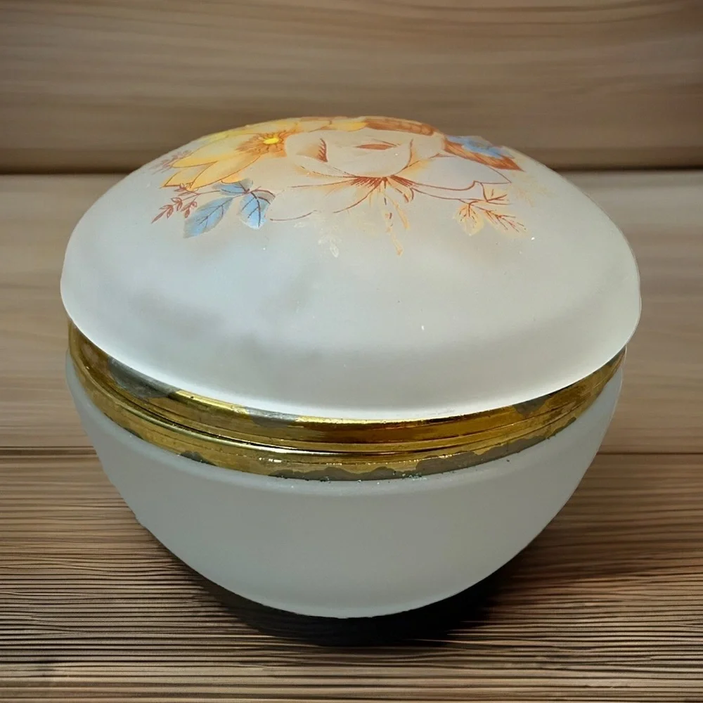 Vintage Genuine Alabaster Powder Trinket Jar w/ Floral Design 3”x5”